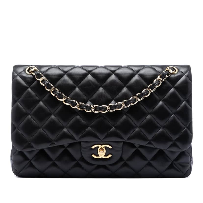 Chanel Jumbo Classic Lambskin Double Flap Black Leather Very good condition - Front View