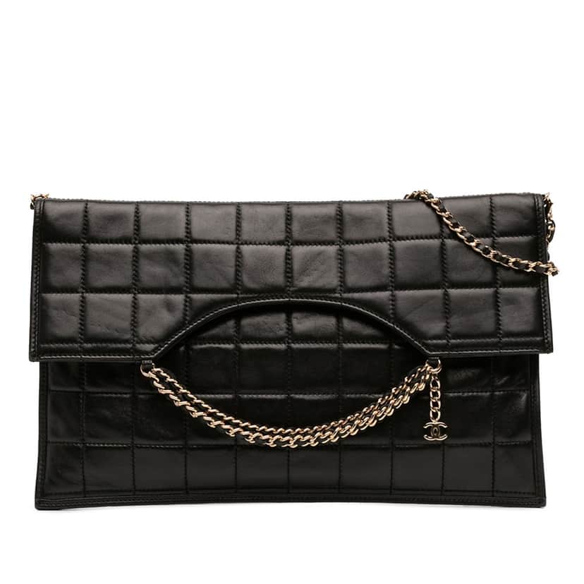 Chanel CC Chocolate Bar Lambskin Fold Down Envelope Shoulder Bag Black Leather Very good condition - Front View