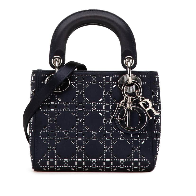 Dior Mini Satin Cannage Strass Crystal Embellished Lady Dior Blue Very good condition - Front View