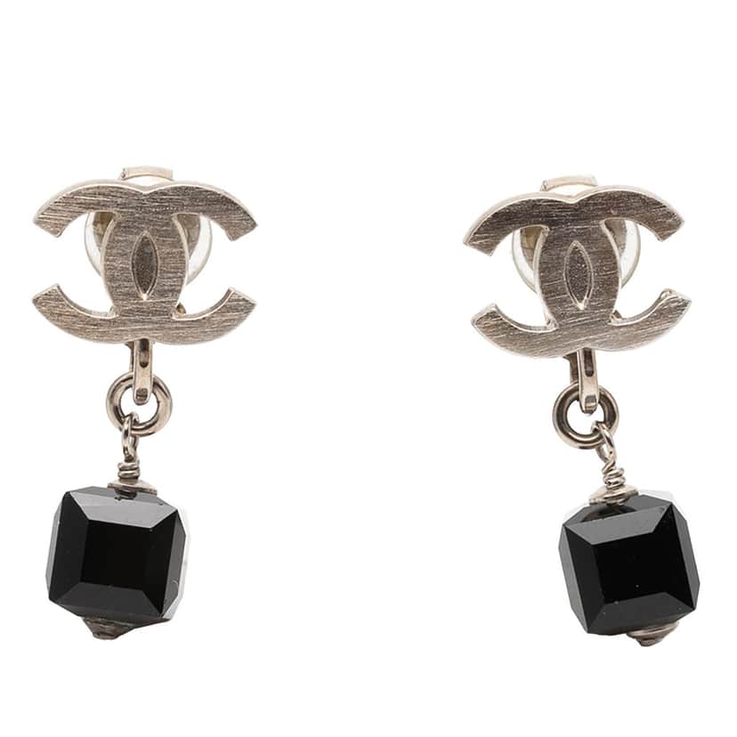 Chanel CC Brass Cube Rhinestone Drop Clip On Earrings Silver Metal Very good condition - Front View