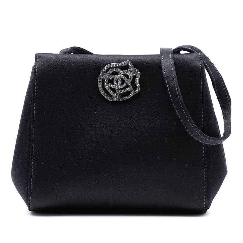 Chanel Satin Camellia Evening Bag Black Very good condition - Front View