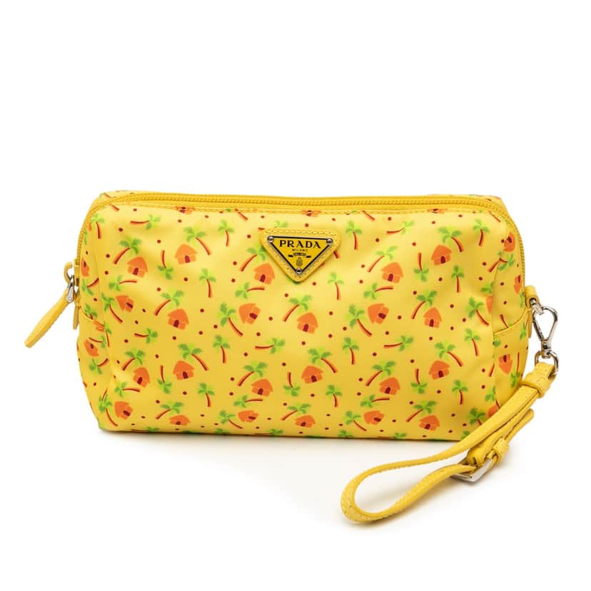 Prada Tessuto Stampato Palm Cosmetic Pouch Yellow Very good condition - Front View