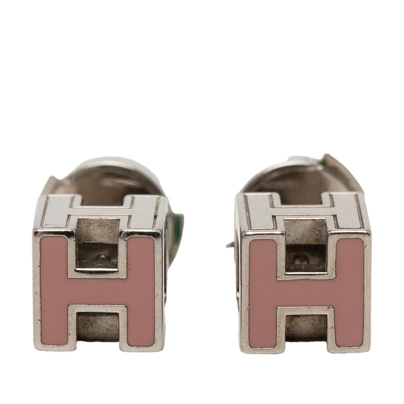 Hermès Palladium Plated Enamel Cage D H Push Back Earrings Pink Metal Very good condition - Front View