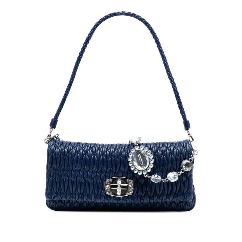 Miu Miu Matelasse Nappa Crystal Chain Satchel Blue Leather Very good condition - Front View