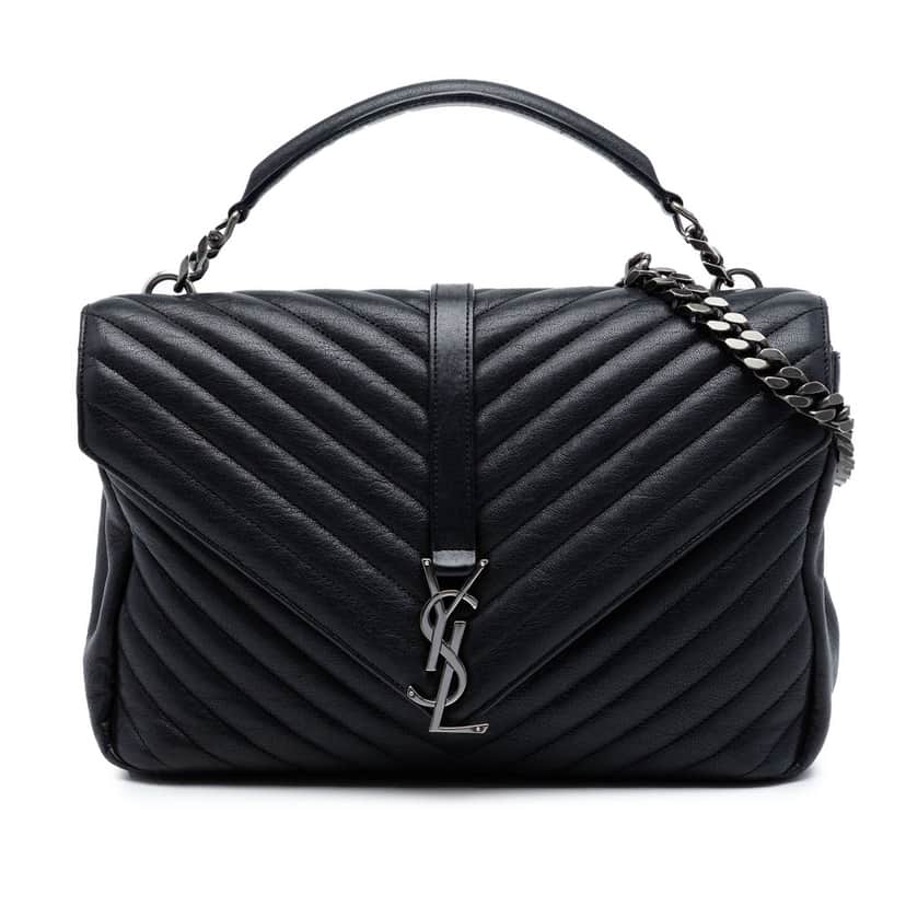 Saint Laurent Large Sheepskin Chevron Monogram Monochrome College Bag Black Leather Very good condition - Front View