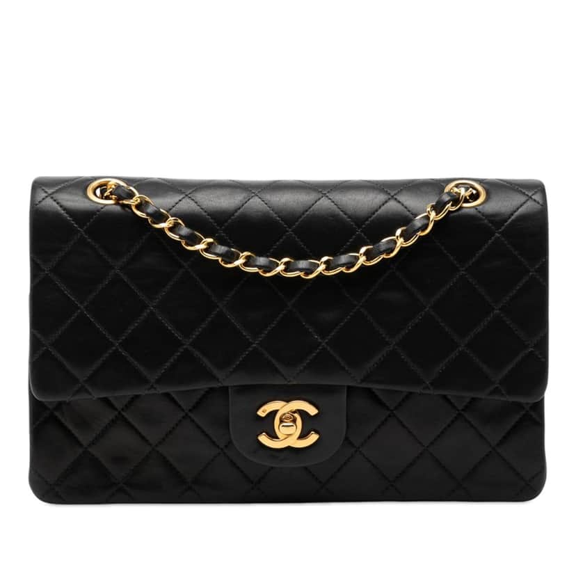 Chanel Medium Classic Lambskin Double Flap Black Leather Very good condition - Front View