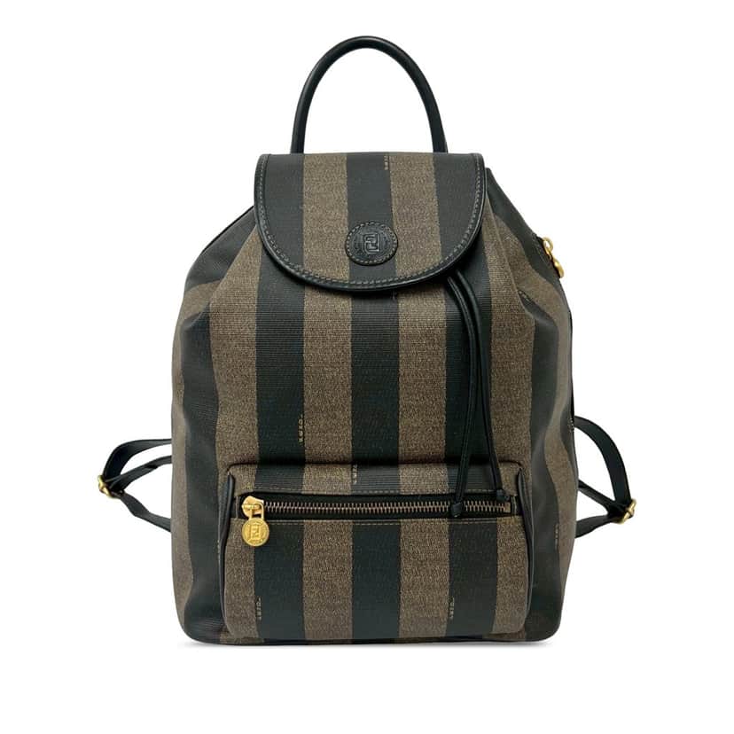 Fendi Pequin Coated Canvas Drawstring Backpack Brown Very good condition - Front View