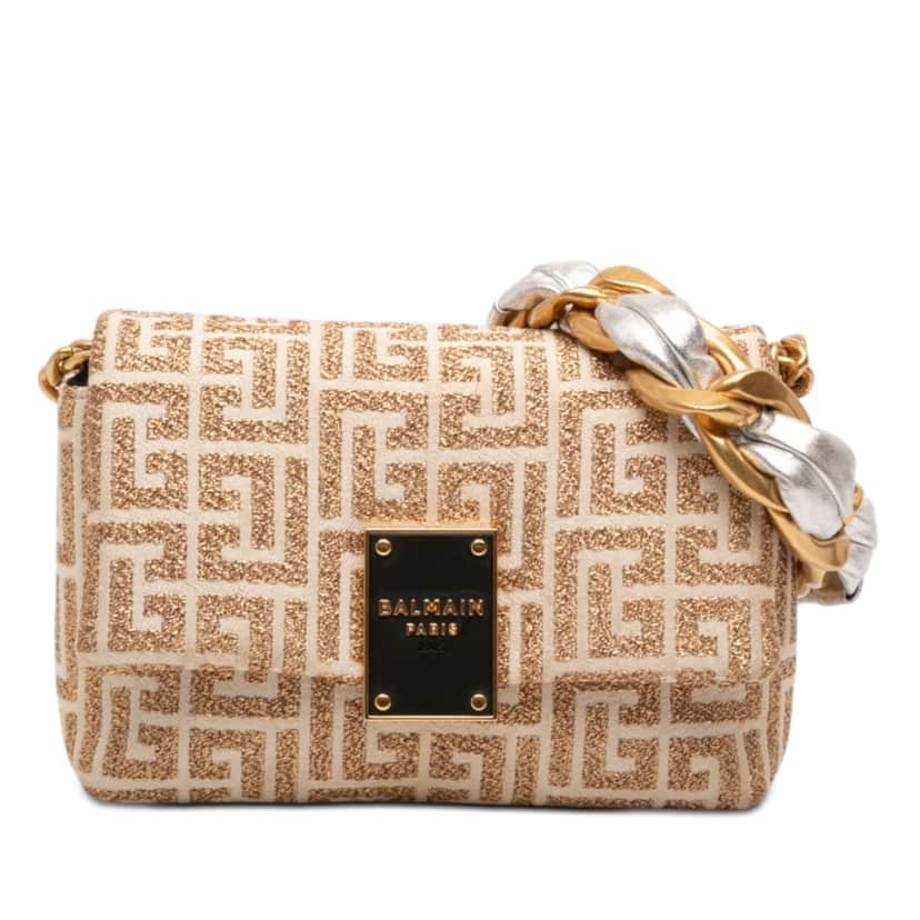 Balmain Mini Monogram Jacquard 1945 Crossbody Beige Very good condition - Front View