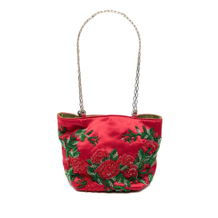 Valentino Micro Beaded Satin Floral Chain Tote Red Very good condition - Front View