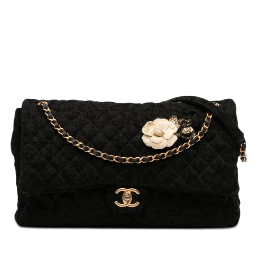 Chanel XXL Classic Velvet Printed Camellia Flap Black Very good condition - Front View