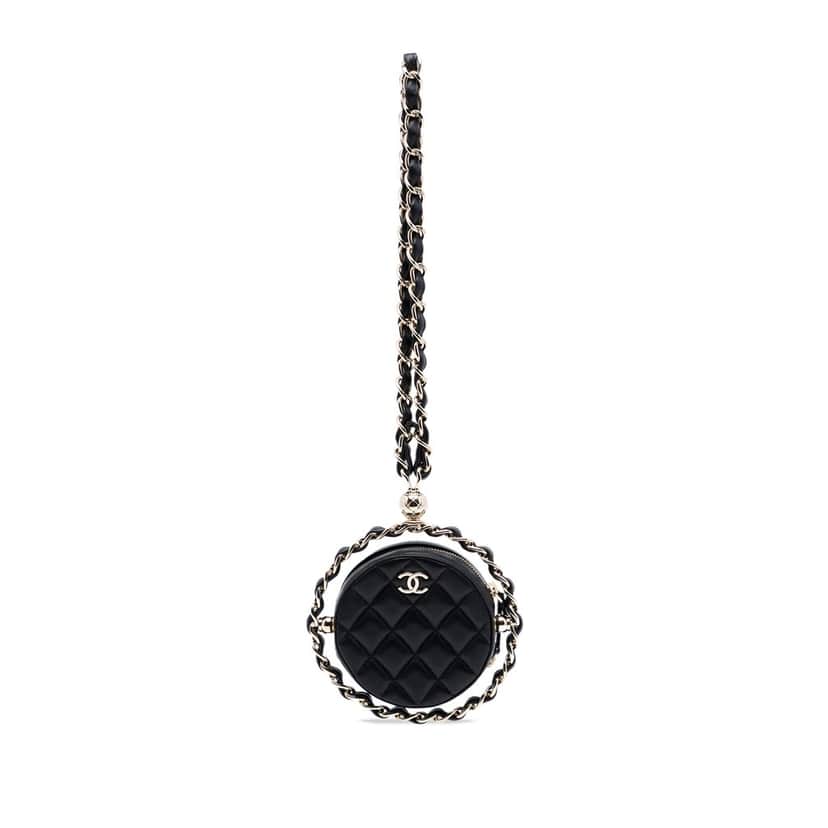 Chanel CC Quilted Lambskin Round Chain Around Clutch With Chain Black Leather Very good condition - Front View
