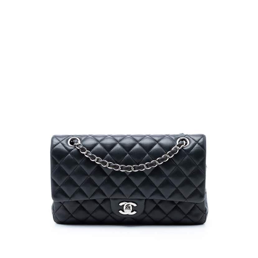 Chanel Medium Classic Lambskin Double Flap Black Leather Very good condition - Front View