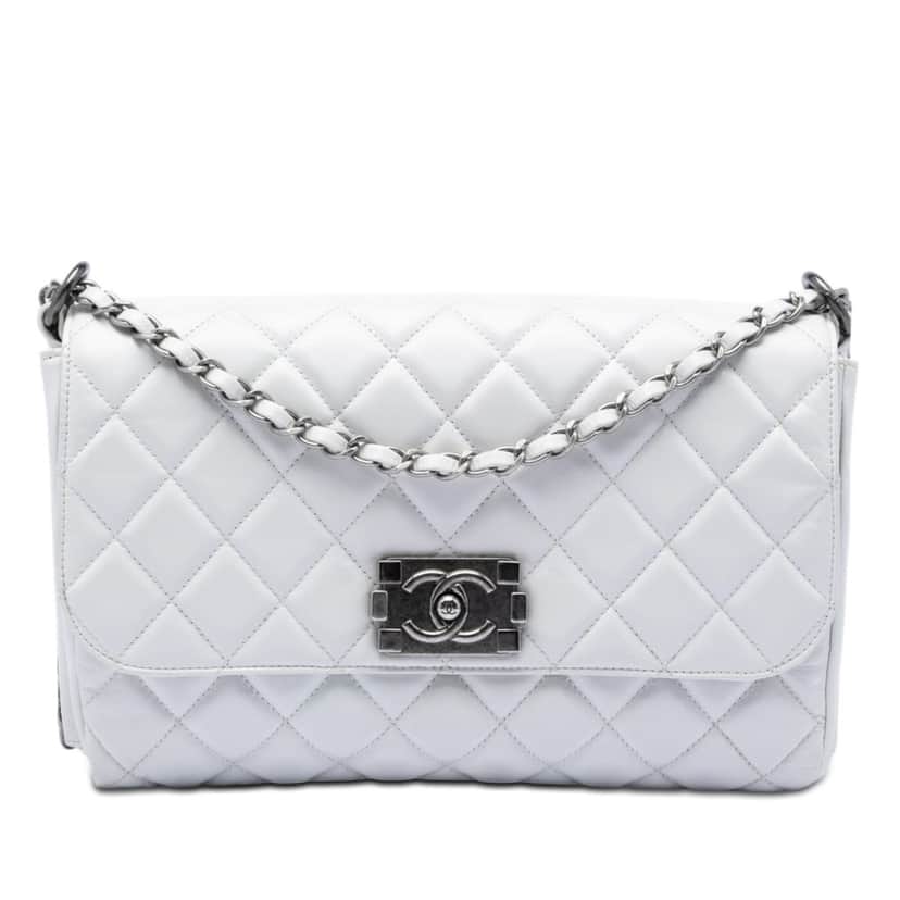 Chanel Quilted Glazed Calfskin Soft Boy Flap White Leather Very good condition - Front View