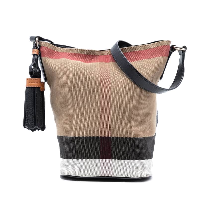 Burberry Mini Mega Check Canvas Ashby Tassel Bucket Bag Brown Very good condition - Front View