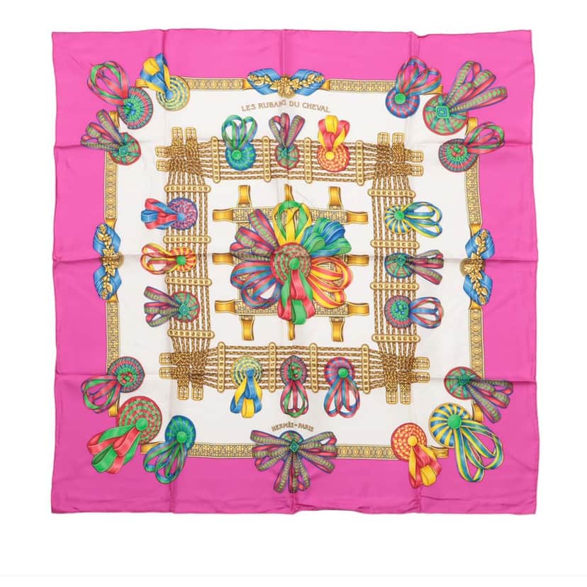 Hermès Les Rubans du Cheval Silk Scarf 90 Pink Very good condition - Front View