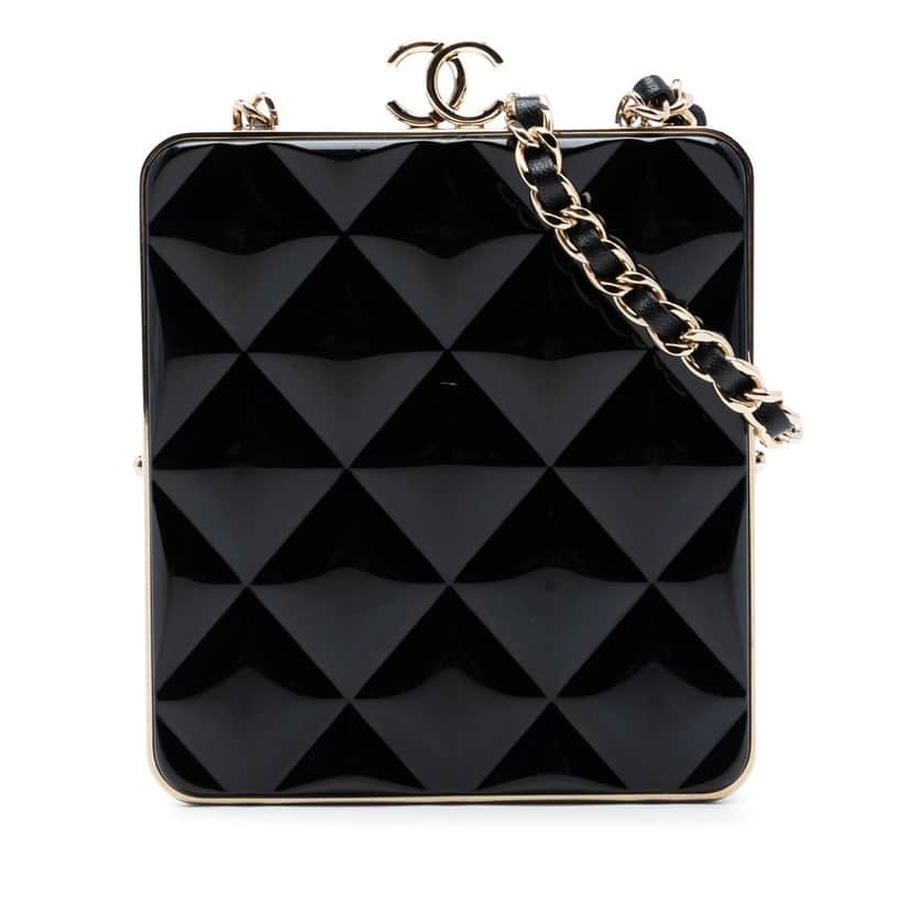 Chanel CC Quilted Acrylic and Lambskin Evening Clutch With Chain Black Leather Very good condition - Front View