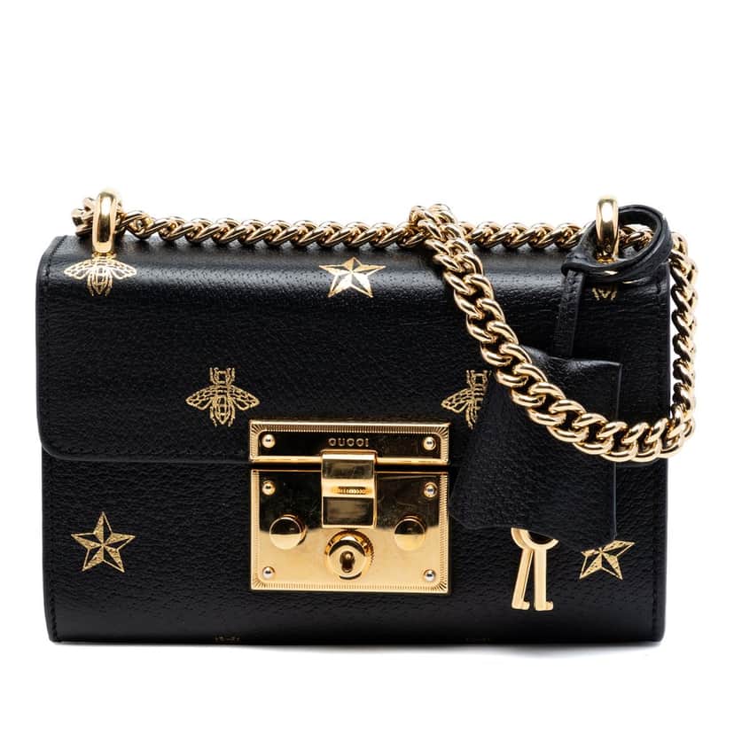 Gucci Small Calfskin Bee Star Padlock Crossbody Black Leather Very good condition - Front View