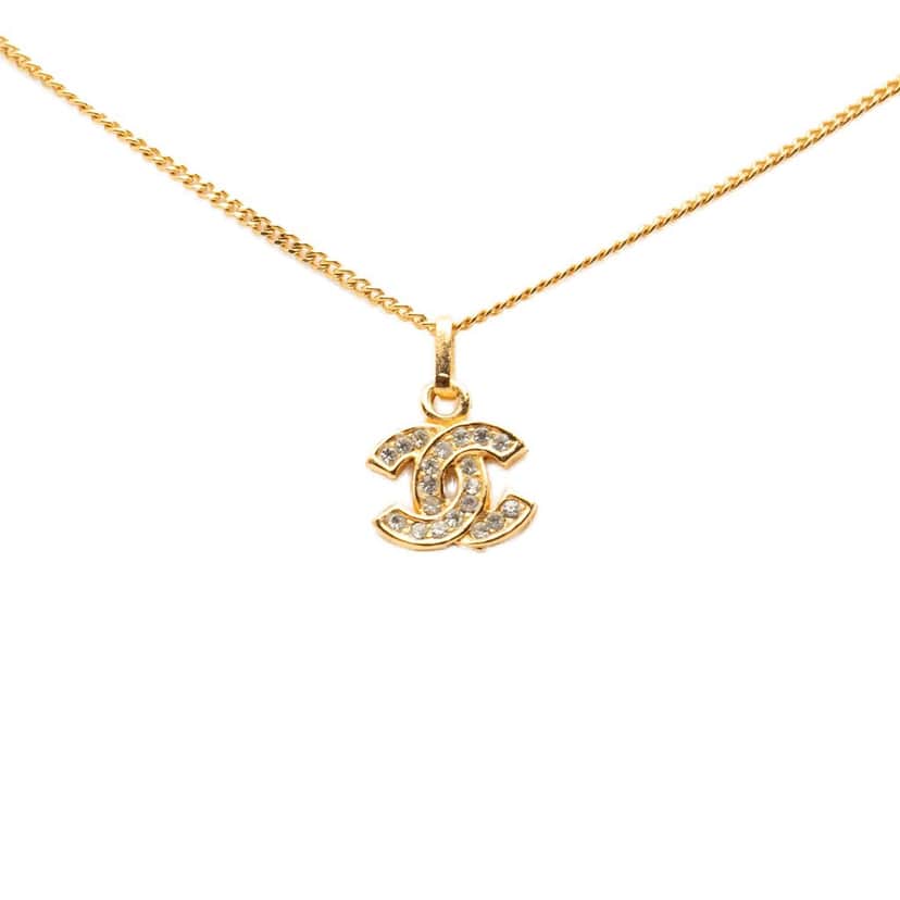 Chanel Gold Plated CC Rhinestone Pendant Necklace Gold Metal Very good condition - Front View