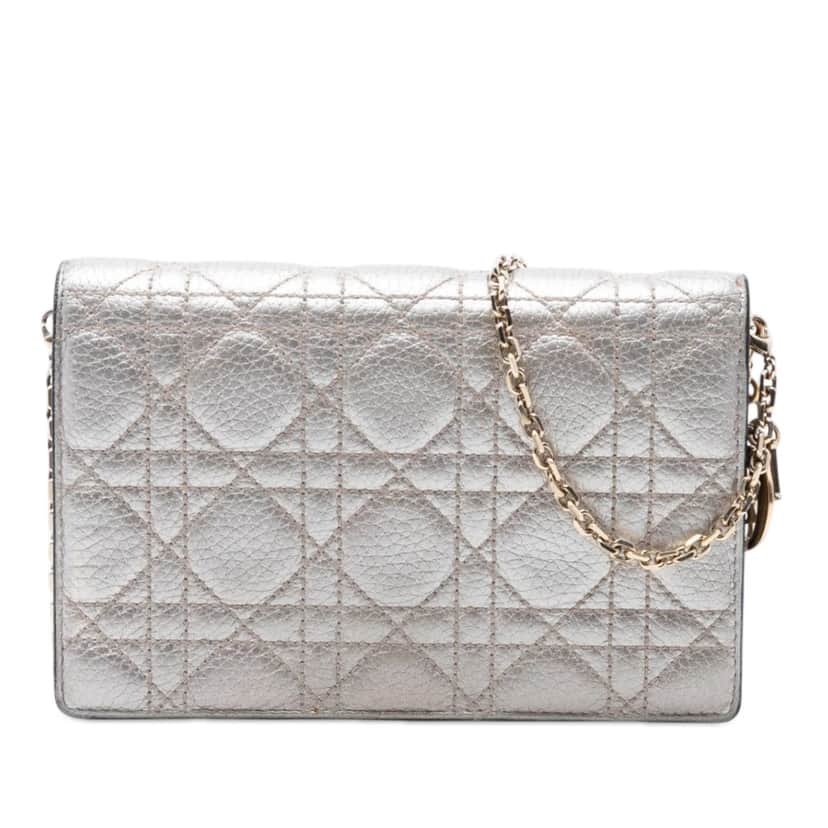 Dior Metallic Lambskin Cannage Lady Dior Wallet On Chain Silver Leather Very good condition - Front View