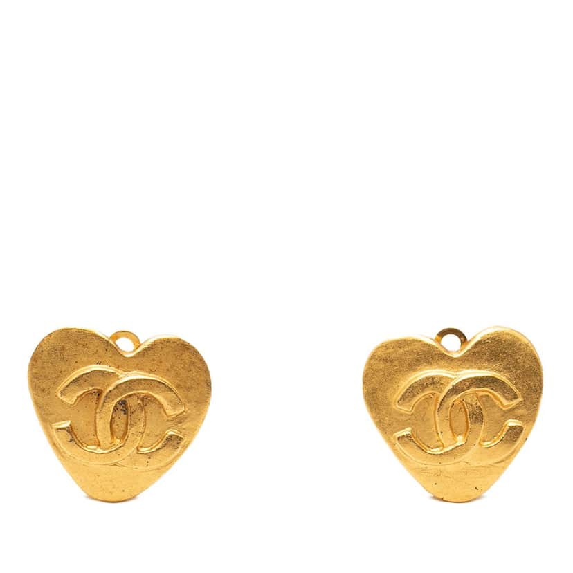 Chanel CC Gold Plated Heart Clip On Earrings Gold Metal Very good condition - Front View