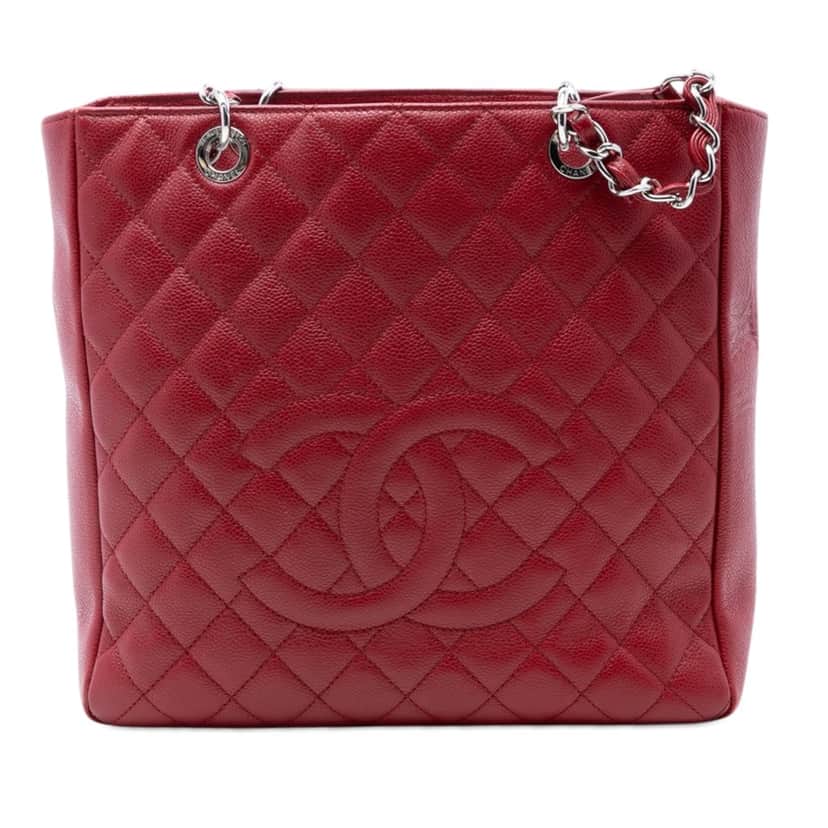 Chanel Caviar Vertical Grand Shopping Tote Red Leather Very good condition - Front View
