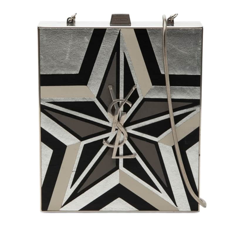 Saint Laurent Metal and Leather Tuxedo Box Star Clutch on Chain Silver Metal Very good condition - Front View