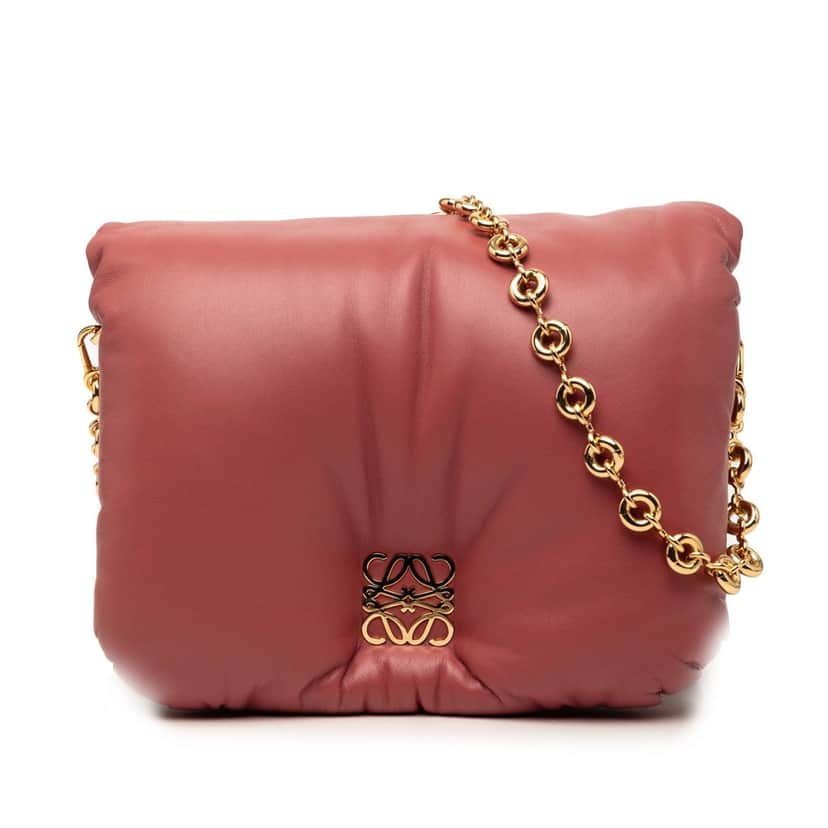 LOEWE Shiny Lambskin Goya Puffer Chain Bag Pink Leather Very good condition - Front View