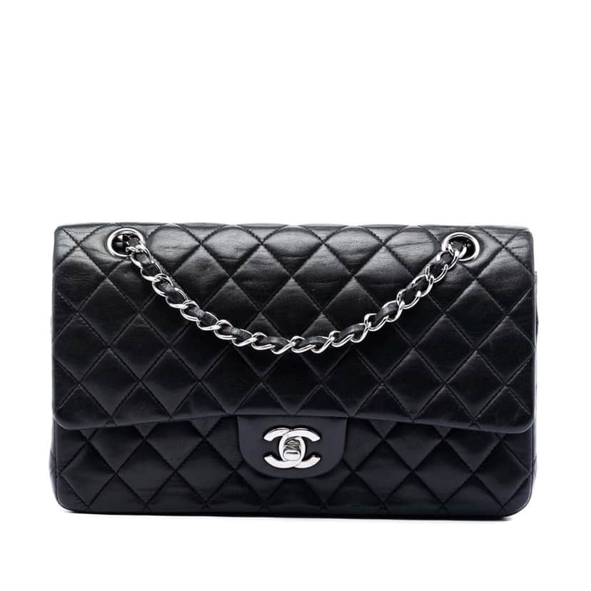 Chanel Medium Classic Lambskin Double Flap Black Leather Very good condition - Front View