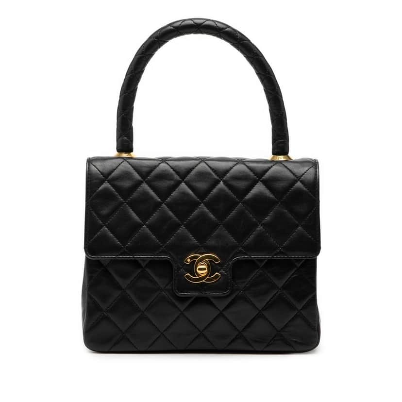 Chanel Small Lambskin Kelly Top Handle Bag Black Leather Very good condition - Front View