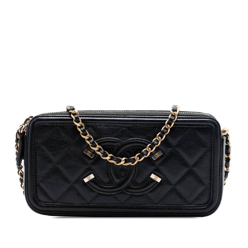 Chanel Caviar CC Filigree Clutch with Chain Black Leather Very good condition - Front View