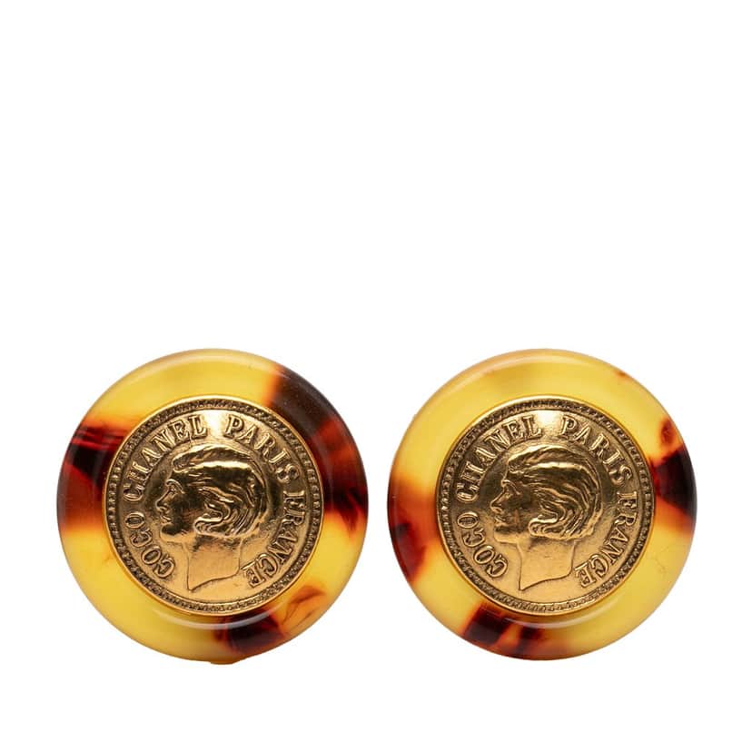 Chanel Gold Plated Tortoise Shell Coin Clip On Earrings Gold Metal Very good condition - Front View