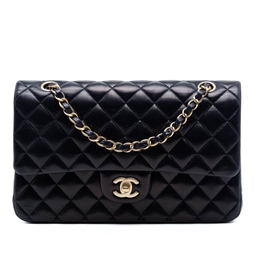 Chanel Medium Classic Lambskin Double Flap Black Leather Very good condition - Front View
