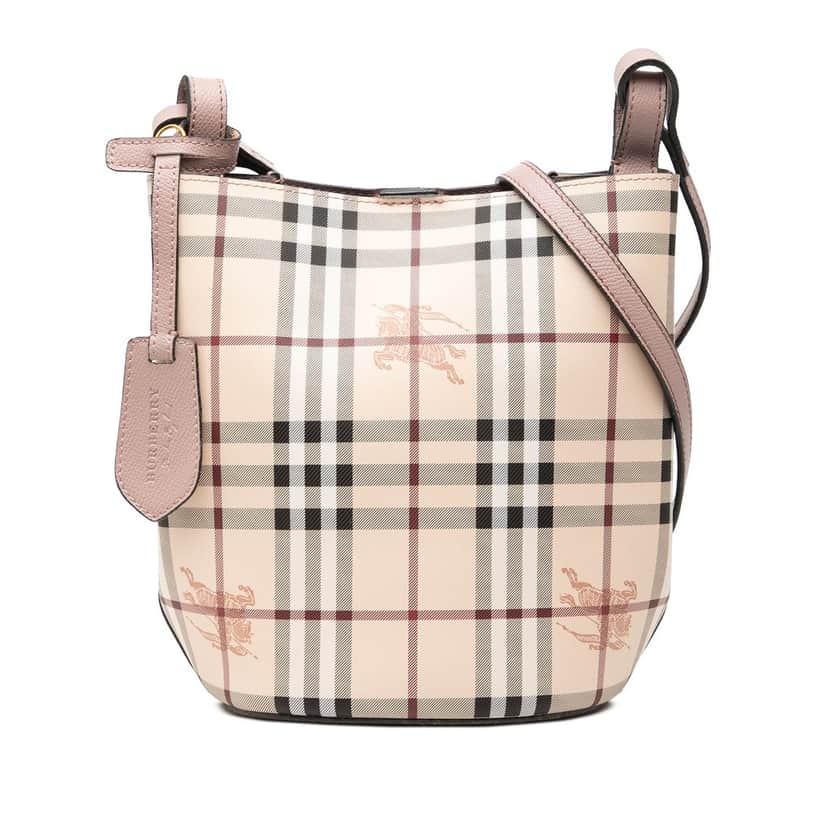 Burberry Haymarket Check Coated Canvas Lorne Bucket Bag Beige Very good condition - Front View