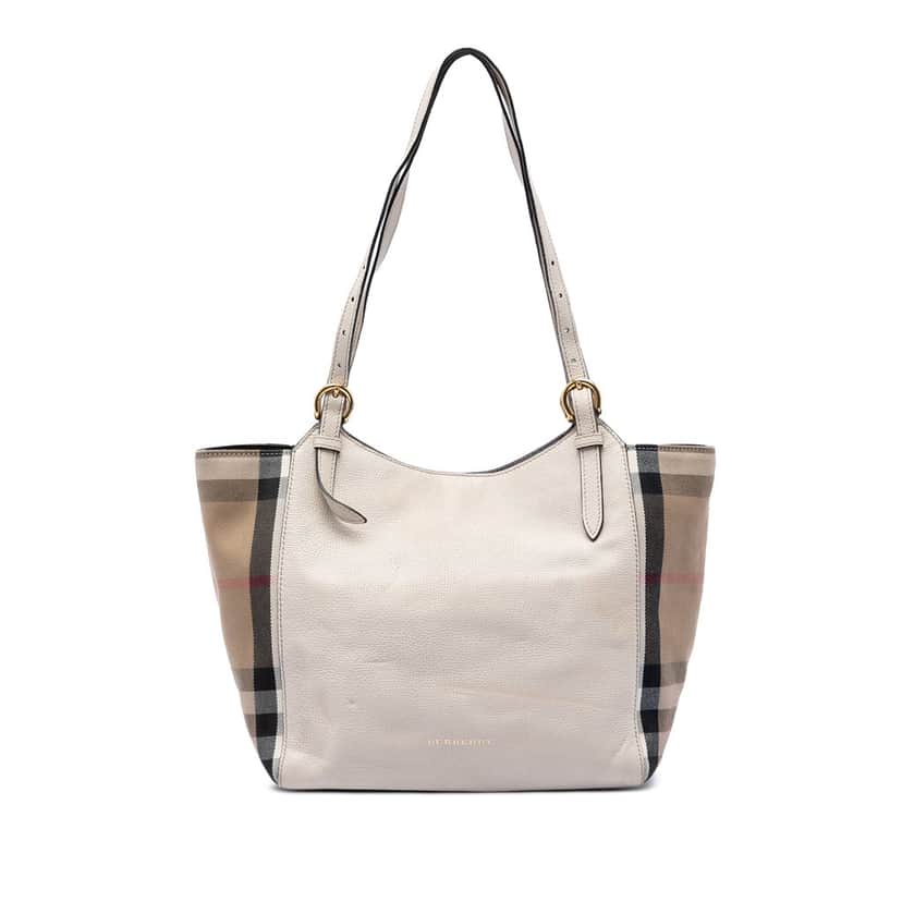 Burberry Small Leather and House Check Canvas Canterbury Tote White Leather Very good condition - Front View