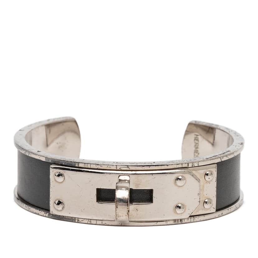 Hermès Leather and Palladium Plated Kelly Cuff Bracelet Black Leather Very good condition - Front View