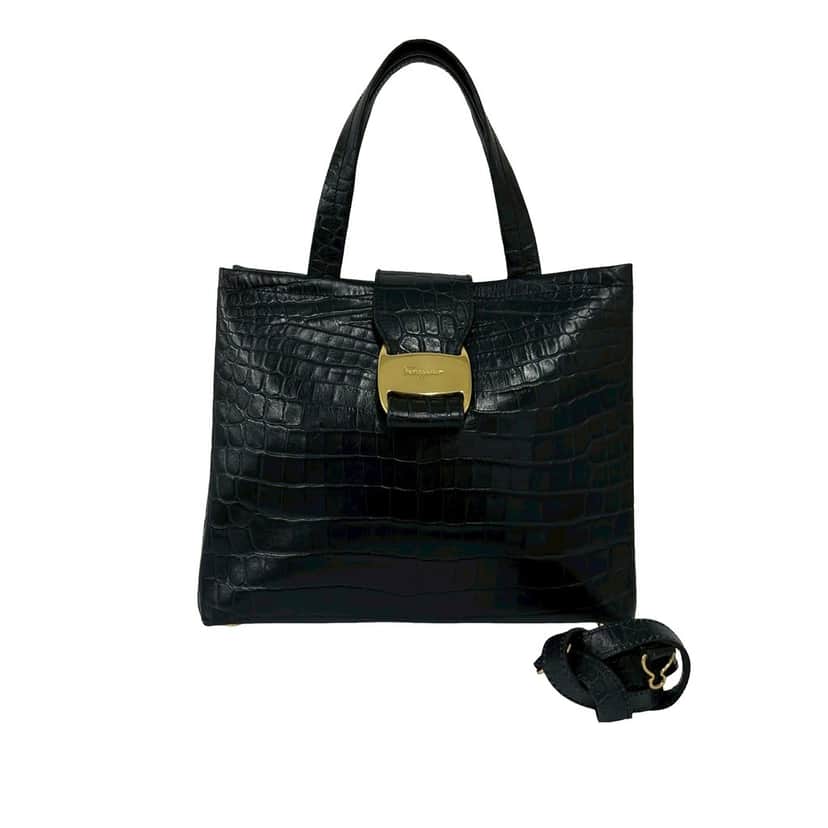 Ferragamo Croc Embossed Leather Vara Bow Satchel Black Leather Very good condition - Front View