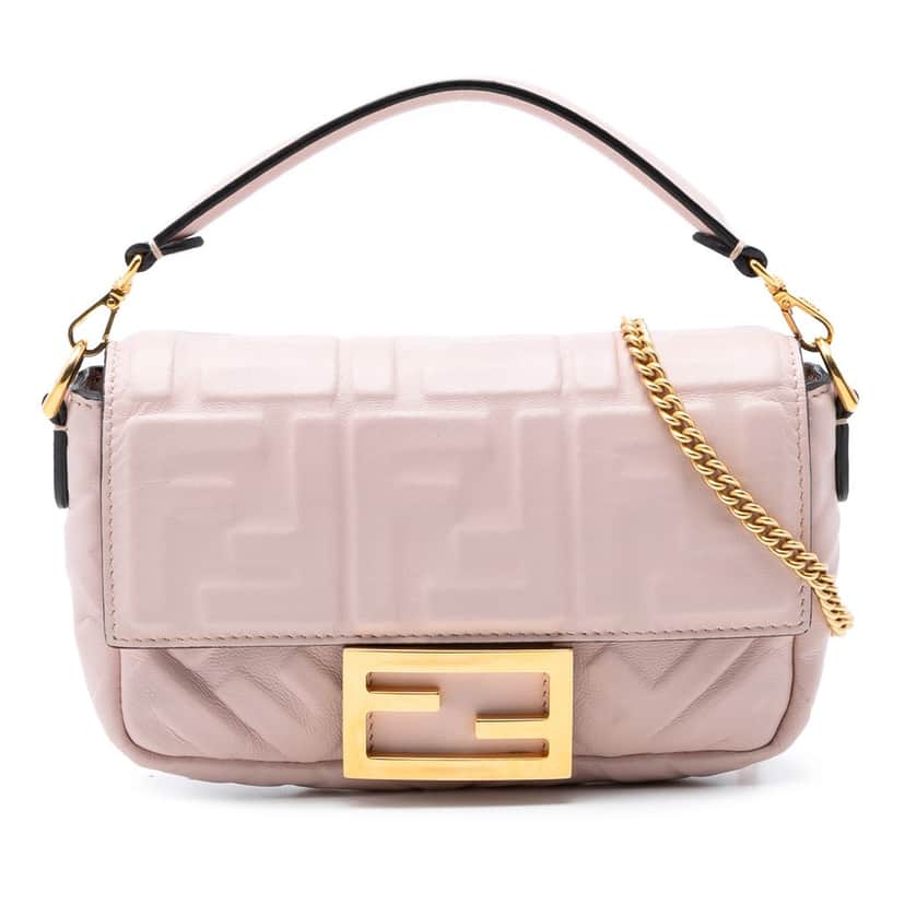 Fendi Mini Zucca Embossed Leather Baguette Satchel Pink Leather Very good condition - Front View