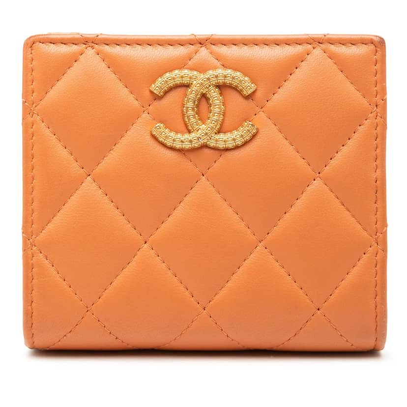 Chanel CC Quilted Lambskin Bifold Wallet Orange Leather Very good condition - Front View