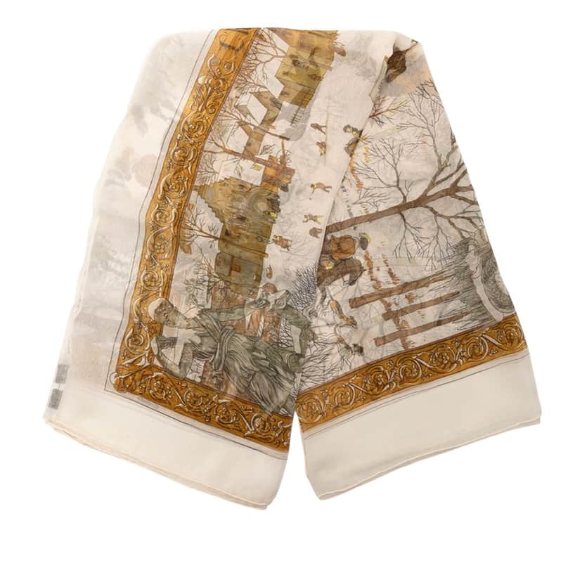 Hermès L'Hiver Silk Scarf 90 Brown Never worn - Front View