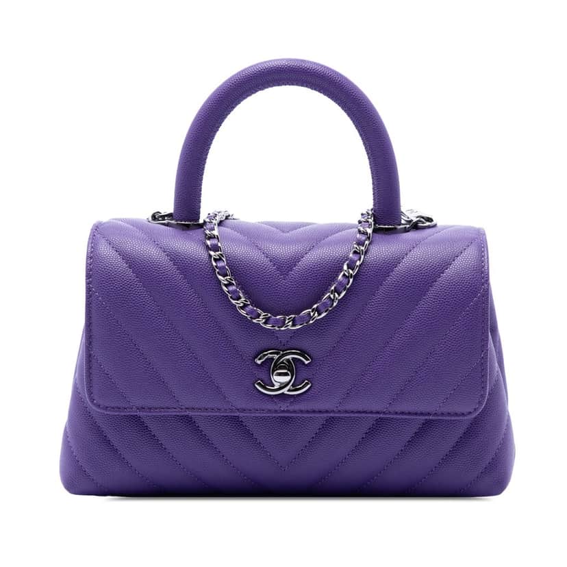 Chanel Mini Chevron Caviar Coco Top Handle Bag Purple Leather Very good condition - Front View