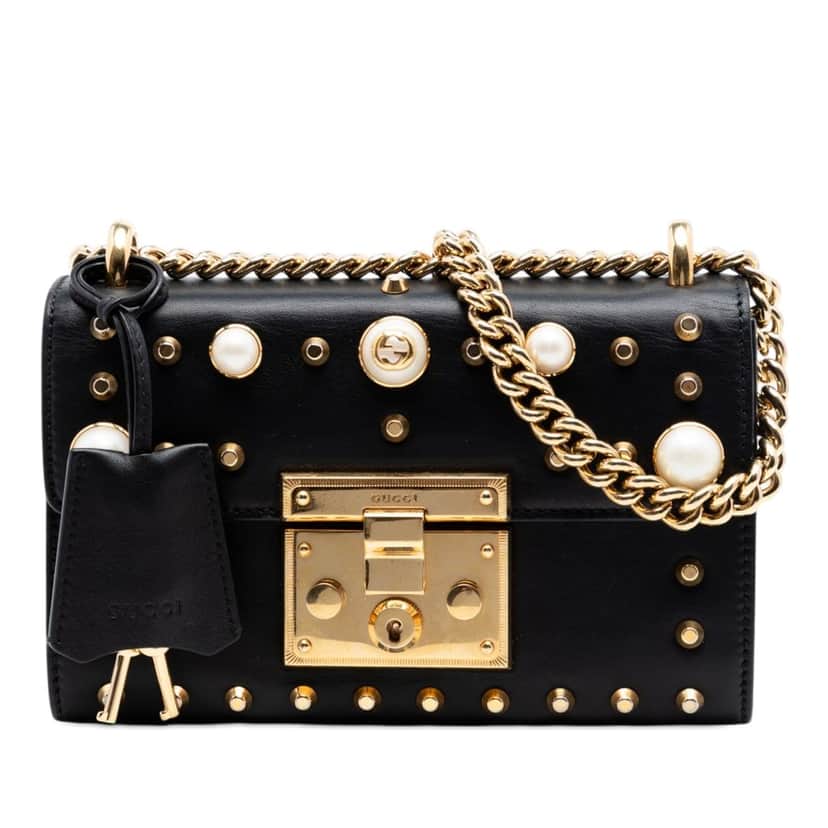 Gucci Small Pearl Studded Leather Padlock Crossbody Black Leather Very good condition - Front View
