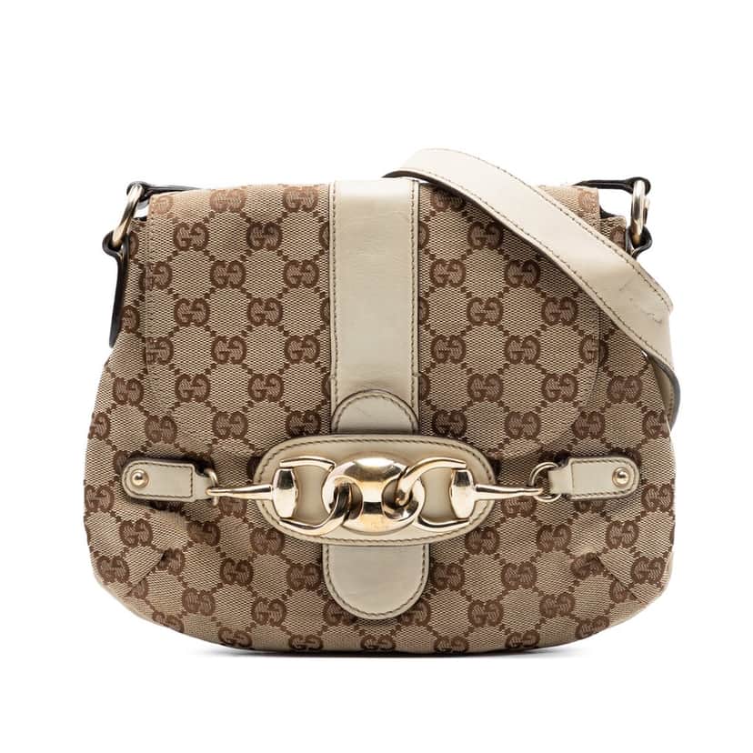 Gucci GG Canvas Horsebit Shoulder Bag Beige Very good condition - Front View