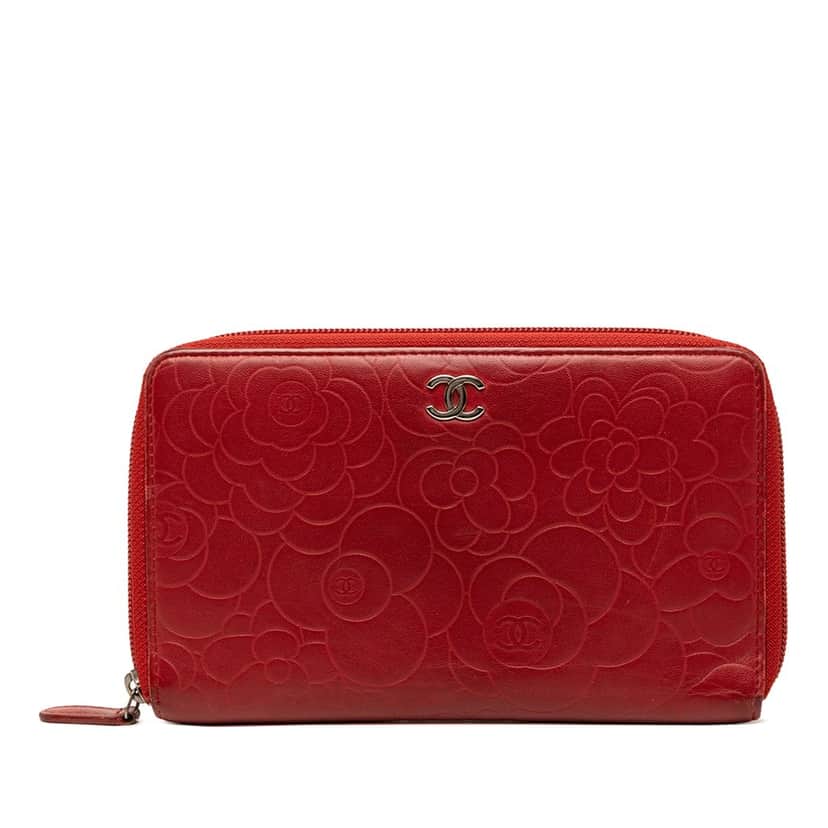 Chanel Embossed Lambskin Camellia Zip Around Long Wallet Red Leather Very good condition - Front View