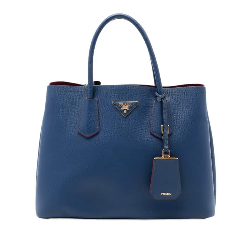Prada Medium Saffiano Cuir Double Satchel Blue Leather Very good condition - Front View