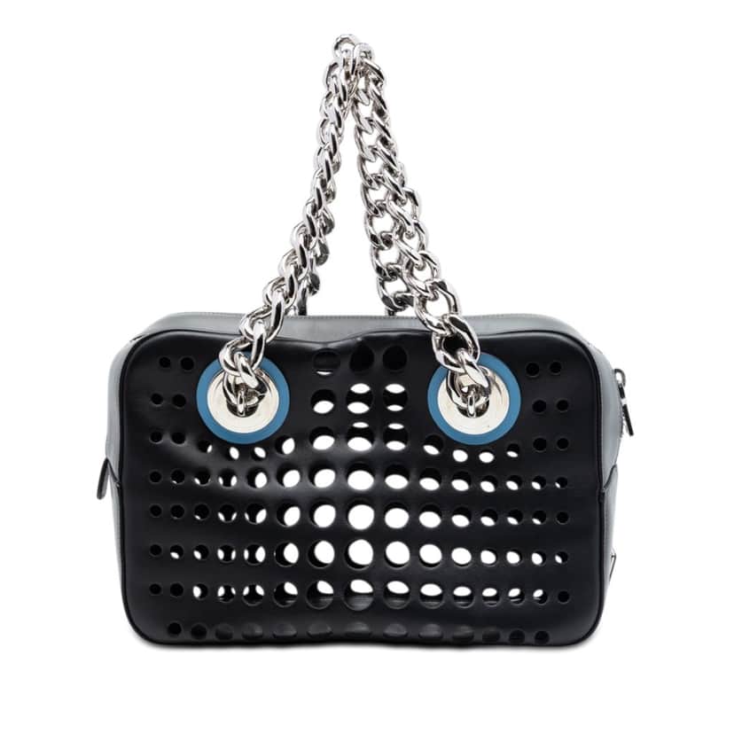 Prada Perforated Leather City Fori Chain Handbag Black Leather Very good condition - Front View