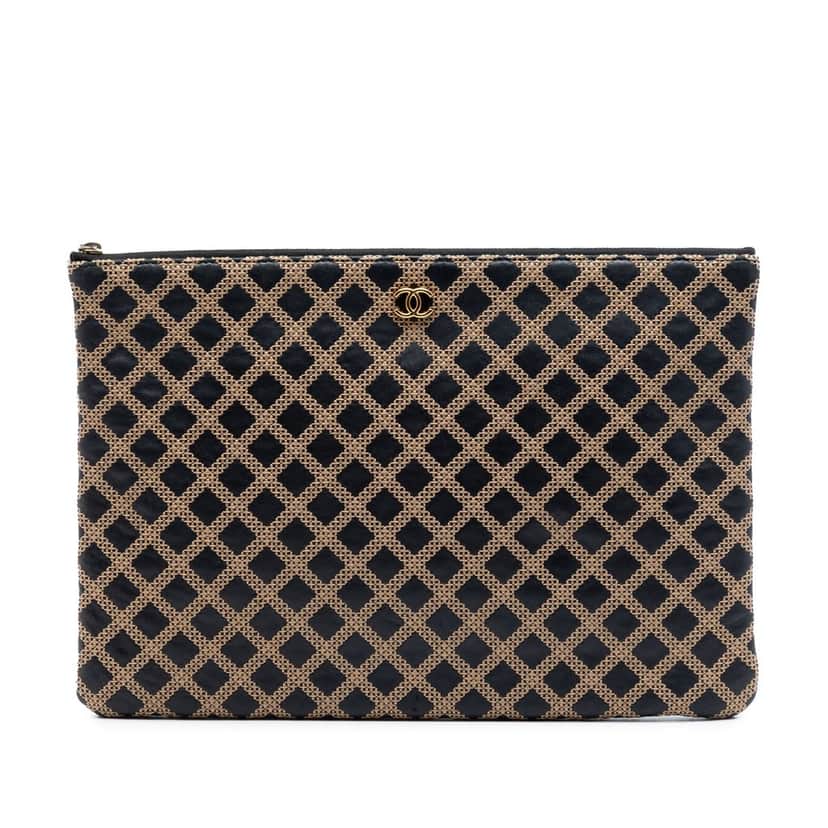 Chanel Large Quilted Lambskin Cross Stitch O Case Clutch Black Leather Very good condition - Front View