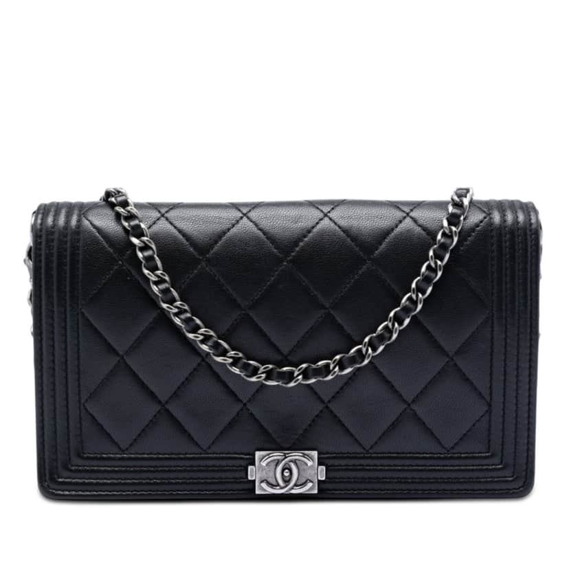 Chanel Quilted Lambskin Boy Wallet On Chain Black Leather Very good condition - Front View