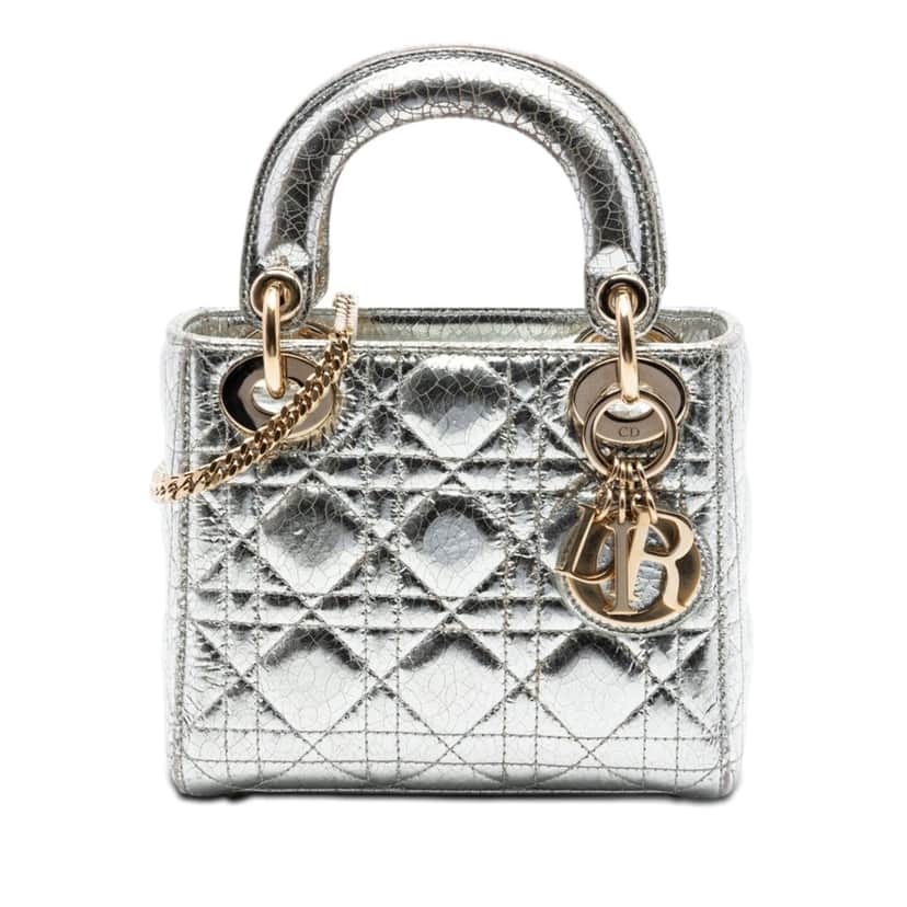 Dior Mini Metallic Crinkled Calfskin Cannage Lady Dior Silver Leather Very good condition - Front View