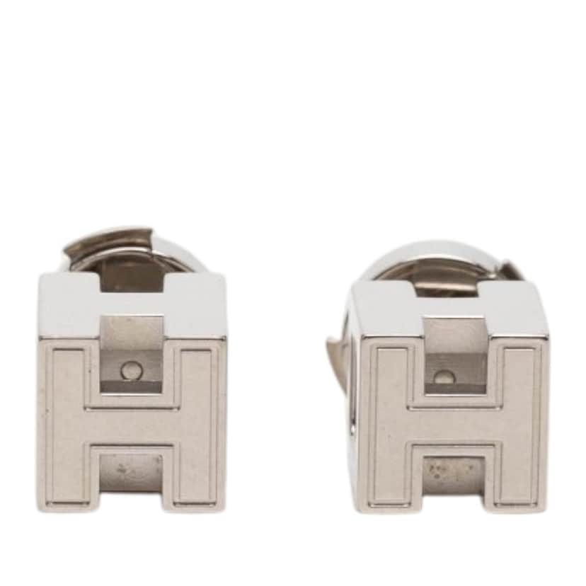 Hermès Palladium Plated Cage dH Cube Push Back Earrings Silver Metal Very good condition - Front View