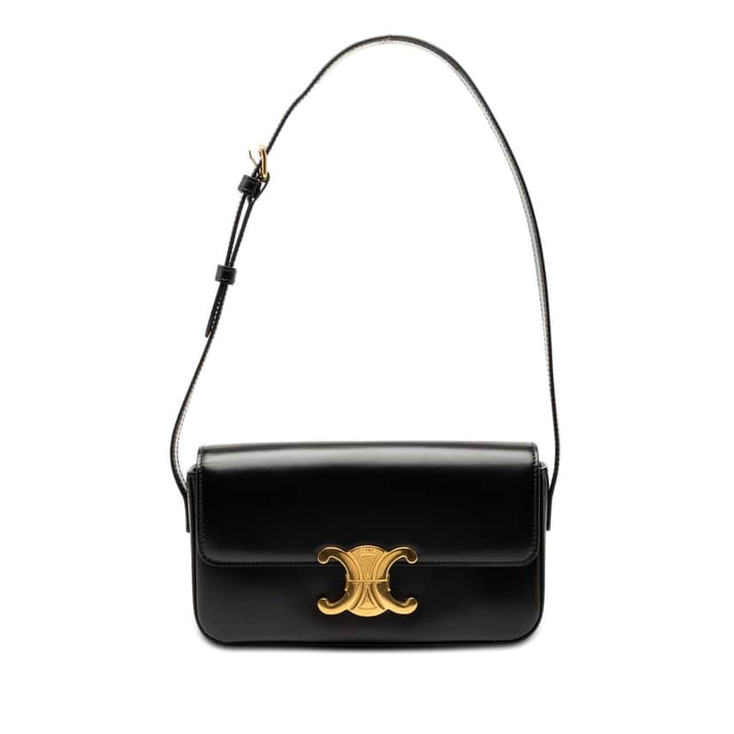 Celine Shiny Calfskin Claude Shoulder Bag Black Leather Very good condition - Front View